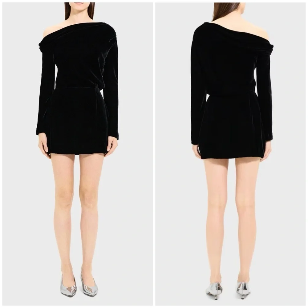 New Theory Asymmetrical Mini Dress in Stretch Velvet Black Off Shoulder Drape 8